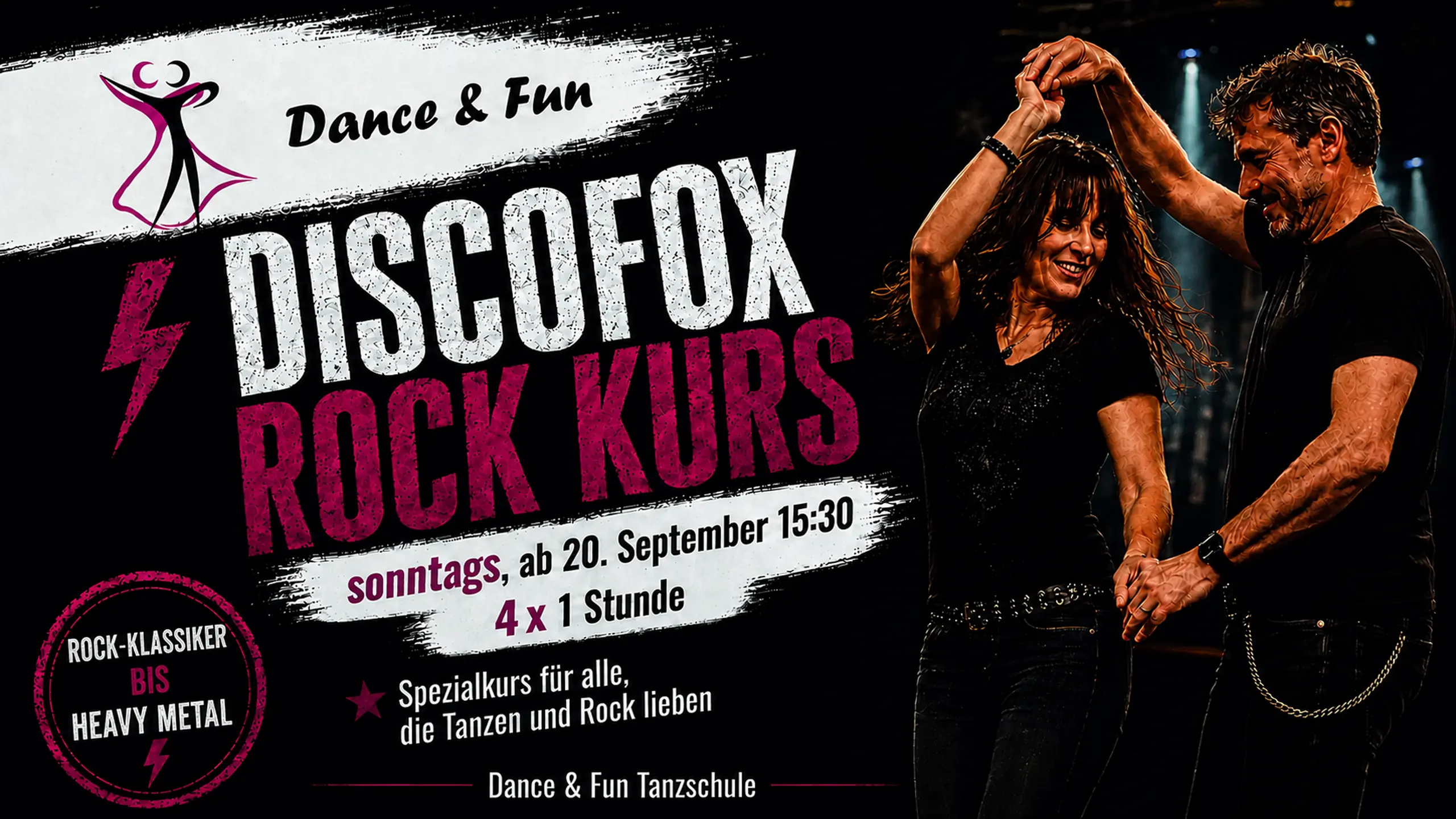 Discofox-Rock-Kurs – Rock-Klassiker bis Heavy Metal Discofox-Rock-Kurs bei Dance & Fun: sonntags ab 20. September um 15:30 Uhr, vier Termine à eine Stunde, von Rock-Klassikern bis Heavy Metal.