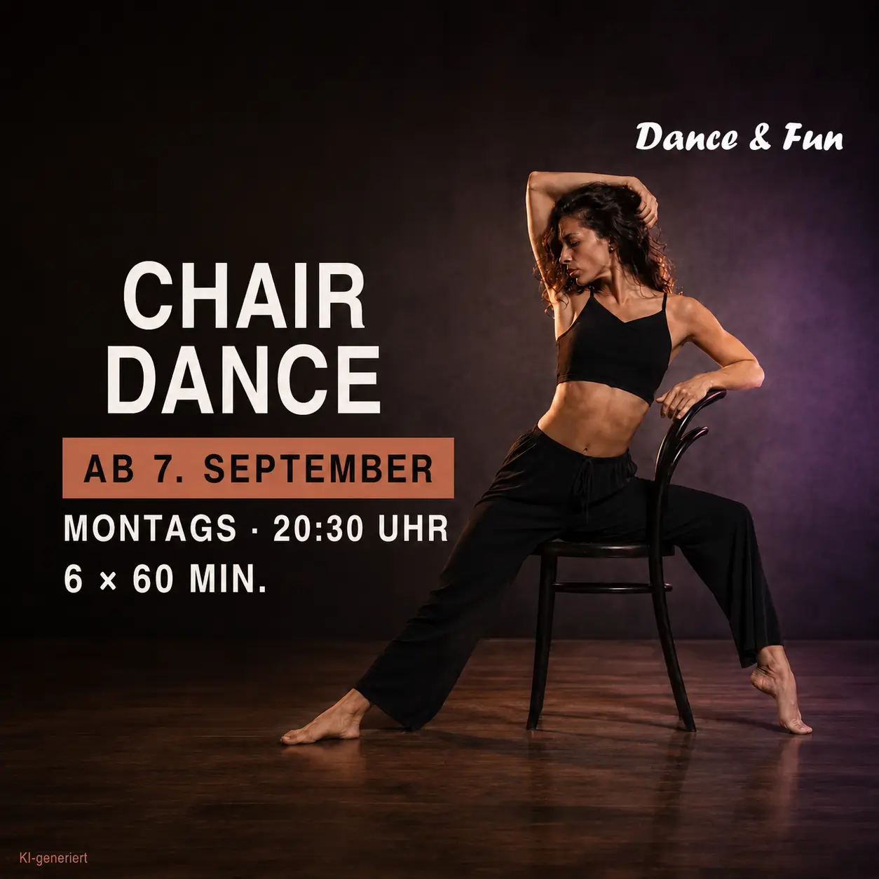 Chair Dance Kurs bei Dance and Fun ki generierte Illustration. Tänzerin beim Chair Dance – Kurs bei Dance & Fun ab 7. September, montags um 20:30 Uhr, sechs Termine à 60 Minuten.