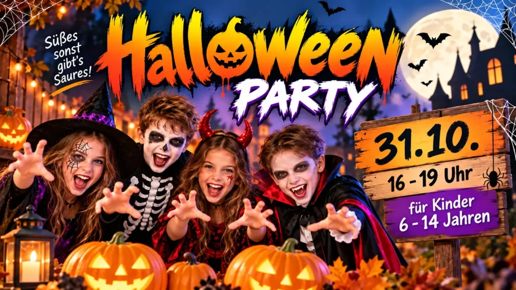 Verkleidete Kinder zwischen Kürbissen und Halloween-Dekoration. Halloween-Party am 31. Oktober von 16 bis 19 Uhr für Kinder von 8 bis 14 Jahren.