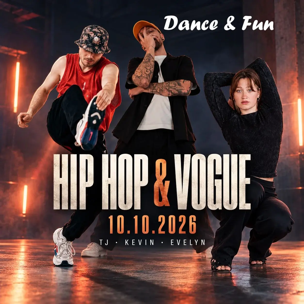 Work hiphop vogue Beitragsbild zum Hip-Hop- und Vogue-Workshop am 10. Oktober 2026 mit Darstellungen von TJ, Kevin und Evelyn.